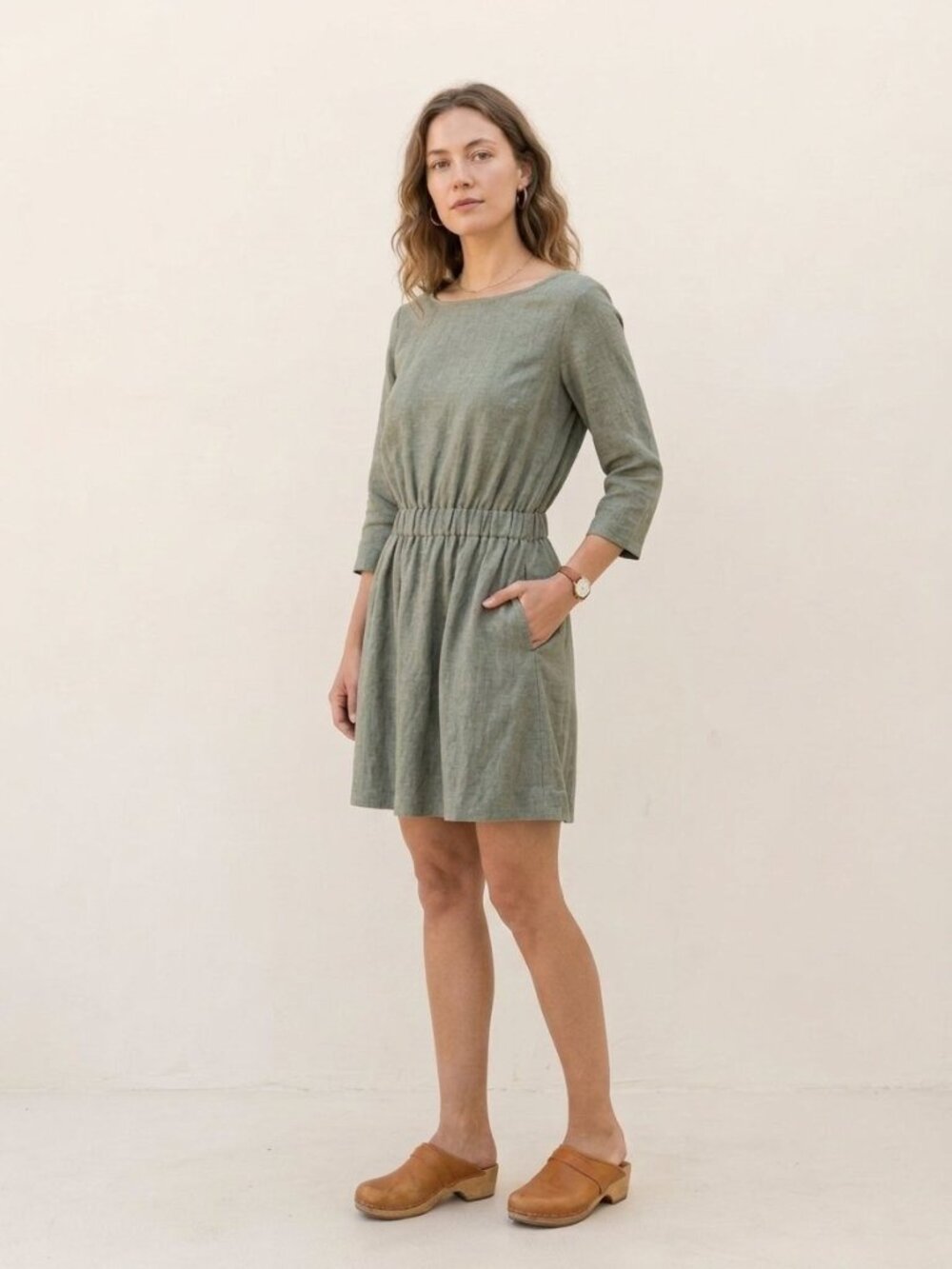 Old Linen Mill 100% Linen Boatneck Dress with Pockets | Size S | Sage Green